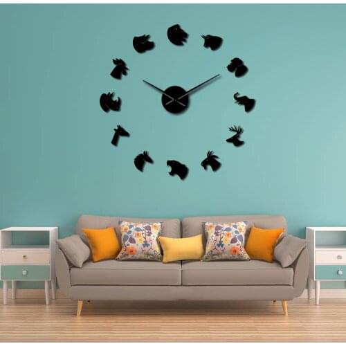 Land Animals Face Acrylic Simple DIY Wall Clock Lion Tiger Elephant Horse Animal Heads Quartz Mirror Effect Sticker Clock Watch
