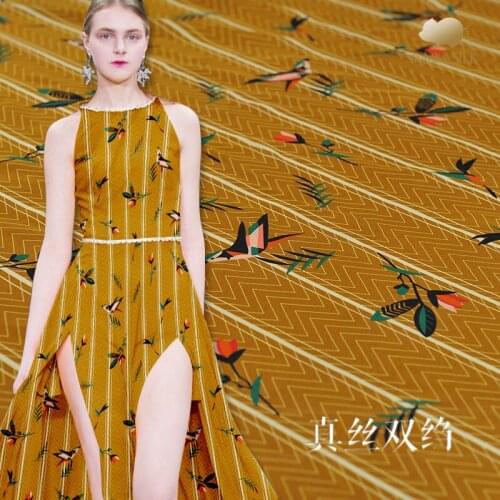Bamboo and Bird Silk Crepe De Chine Digital Printing Silk Fabric Mulberry Silk Cloth Clothing Women 's Dress Spring and Summer