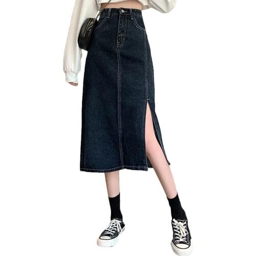 Retro denim skirt, womens Bodycon mid-length, high waist and slim, side slit denim skirt