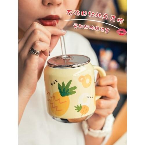 Ceramic Cup Straw Cup Household mugs coffee mug with lid with Glass straw