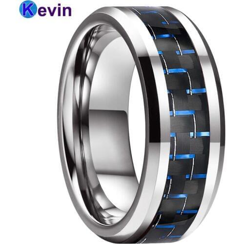 Carbon Fiber Ring Tungsten Carbide Ring With Black Blue Cabon Fiber Inlay 8MM Comfort Fit