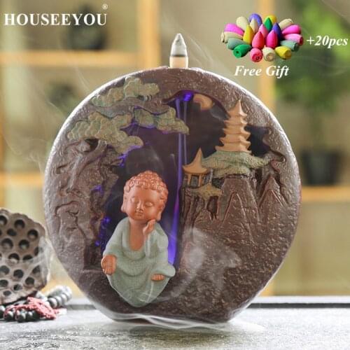 20Pcs Incense Cones + Backflow Incense Burner LED Lighting Buddha Buddhism Aroma Smoke Censer Incense Holder Home Decor Gift