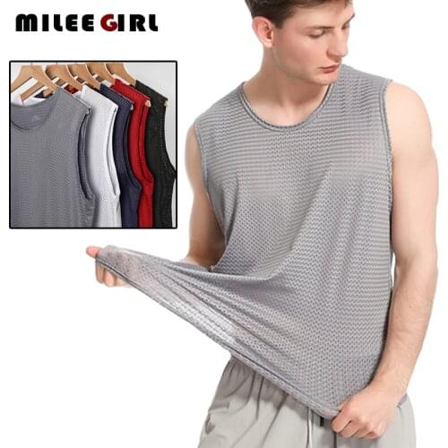 L-4XL Mens Tank Top,Sport Sleeveless Vest Running T-shirt,Quick Dry Transparent Mesh,Breathable Ice Silk Workout Fitness Shirt