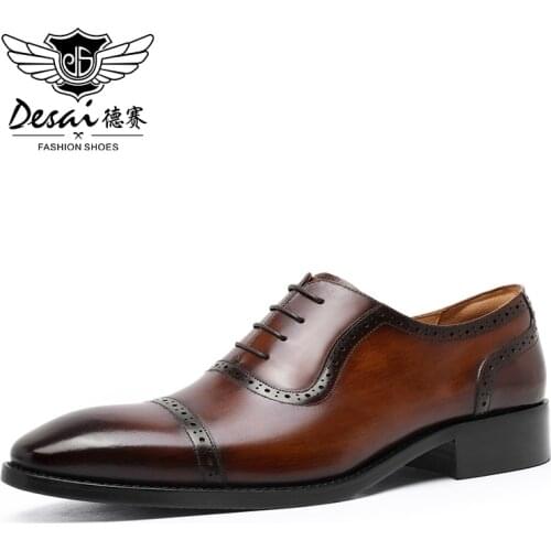 DESAI Men Formal Dress Shoes Male Oxfords Genuine Leather Wedding Party Lace Up Work Footwear Autumn Spring 2020 Brown Color