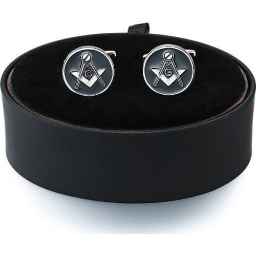 A set of new fashion mens French Cufflinks black leather box round black Masonic Cufflinks box set