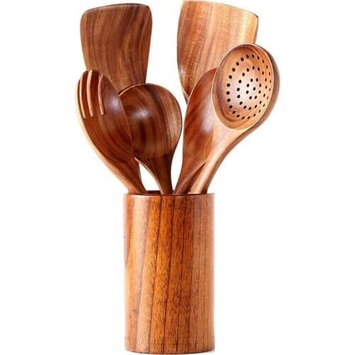 New Kitchen Utensil Set, Wooden Cookware Set Nonstick Kitchen Tool Wooden Spoon and Spatula Salad Fork with Wooden Spoon 7 Piece