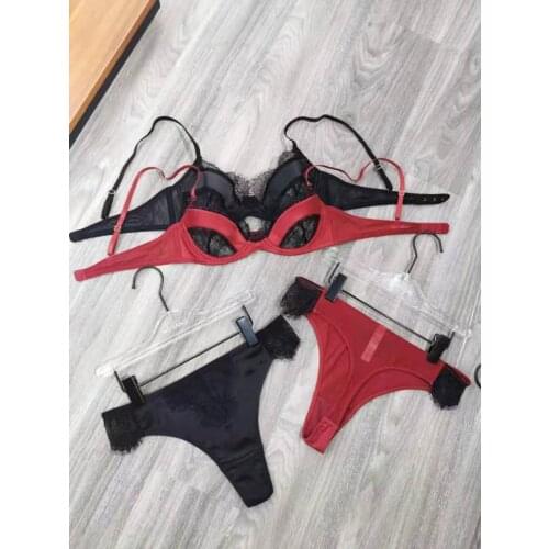 Wriufred New sexy lace satin stitching lingerie panties 2pcs set perspective temptation thin sexy bra set ladies underwear set