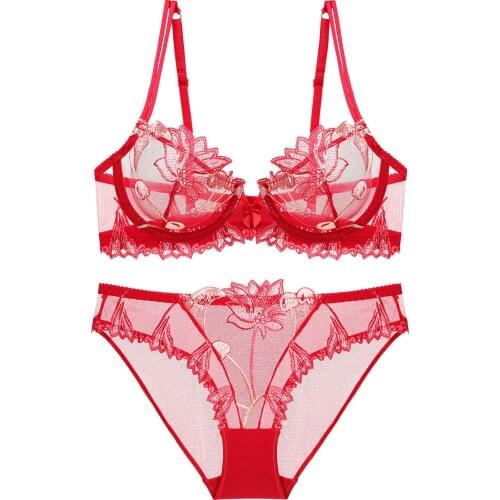 New Style Lingerie Set Ultra-Thin Transparent Lace Mesh Flower Embroidery Sexy Women Underwear Bra Set