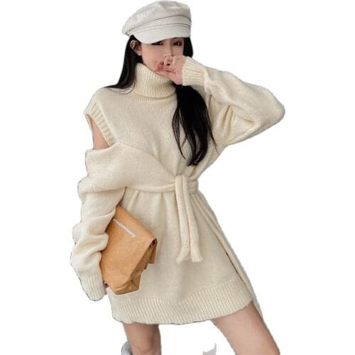 2021 Japan Style Autumn Fashion Sweet Sweaters Sexy Shoulder Strapless Knitted Tops Puff Sleeve Fake Two Piece Pullover