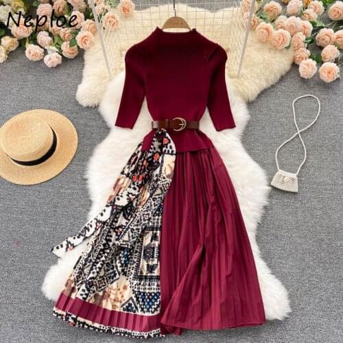 Neploe Fake Two-piece Patchwork Female Robe O-neck Half Sleeve Pleated Printing Temperament Ladies Dress Autumn Knitted Vestido