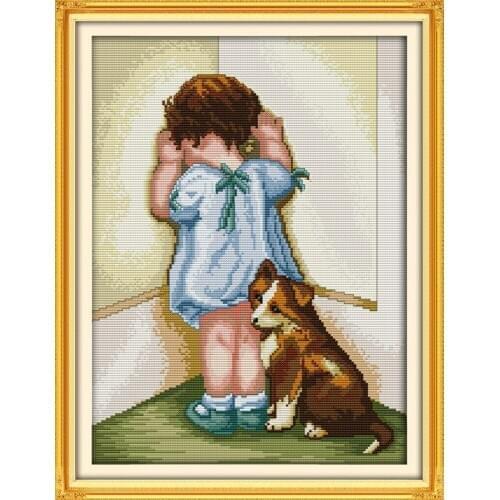 Lovely baby and dog cross stitch kit aida 14ct count white canvas stitches hand craft embroidery DIY handmade needlework plus
