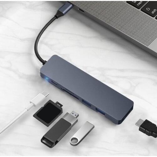 Expansion Dock Anti-interference Stable Output 6 in 1 Type-C to HDMI-compatible PD USB TF/SD-Card Cable Hub for Projector