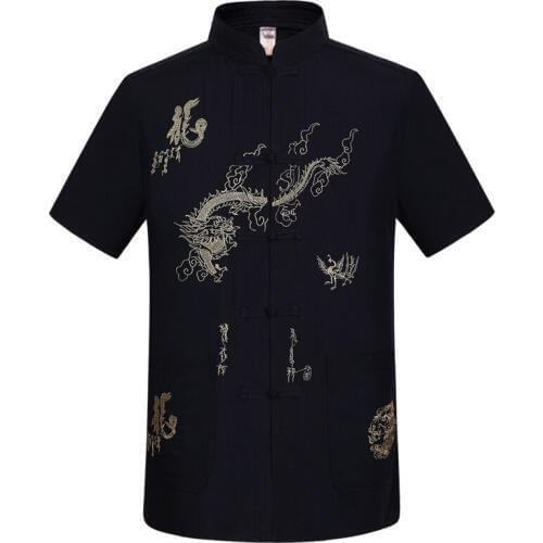 Black Embroidery Dragon Chinese Men Kung Fu Shirt Summer Cotton Wu Shu Uniform Short Sleeve Tai chi Blouse Tops M L XL XXL XXXL