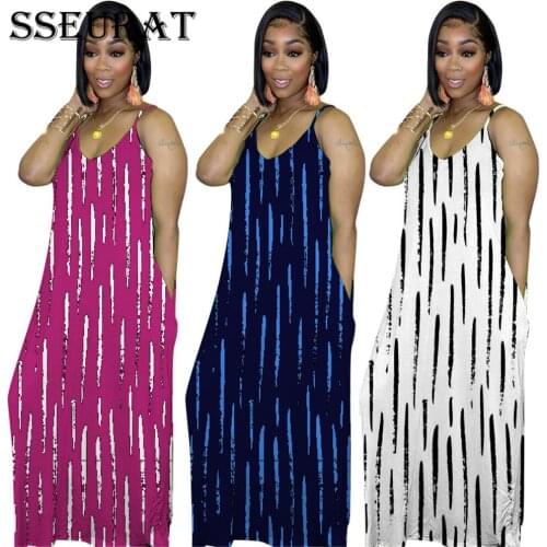 SSEURAT Women New Print Spaghetti Strap Loose Maxi Dress Sexy Beach Party Floor Length Sleeveless Dresses 2021