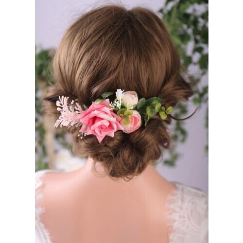 Wedding Decoration Classic Pink Rose Vintage Bride Hair Comb Bohemian Headwear Banquet or Fashion Show for Women or Girl