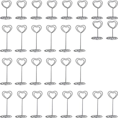 PPYY-30 Pcs Card Holder Heart Shape Table Picture Stand Wire Tabletop Photo Holder Menu Clips for Wedding Party Number,Silver