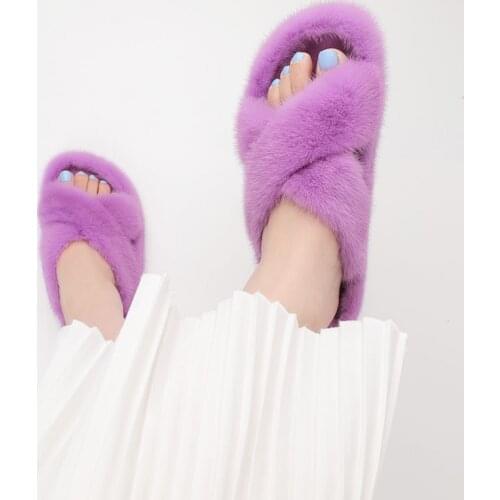 New Style Womens Slippers In 2021 Real Mink Cross Sandals Luxurious Luxurious Plush Flat Bottom Slippers Multicolor Household
