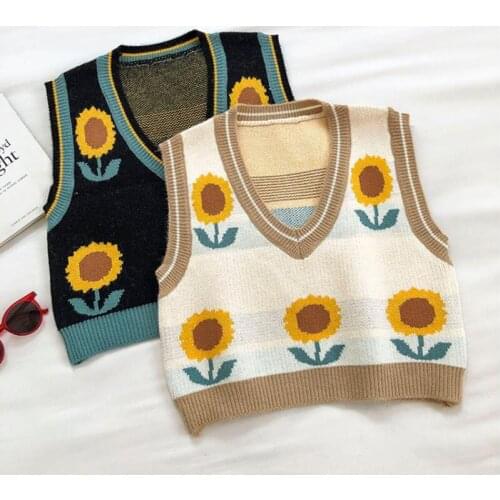 New Spring Autumn Knitting Sweater Vest Women Vintage Sun Flower Korean Sleeveless Pullover Top Woman Streetwear Waistcoat Vest