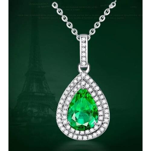 Luxury Neck Pendant Women Emerald Green Gemstone Neckalce For Female Wedding Party Water Drop Shape Zircone Silver Chain Jewelry