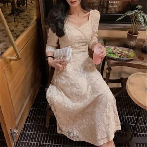 Fairy Vintage Dress Women Evening Party Elegant Midi Dress Female Embroidery Floral Designer One-Piece Drees Korean 2021 Summer