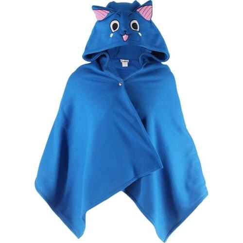 Anime Fairy Tail Happy Cloak Blue Hooded Cape Cosplay Costume Halloween Carnival Clothing Autumn Winter Long Coat Christmas Gift