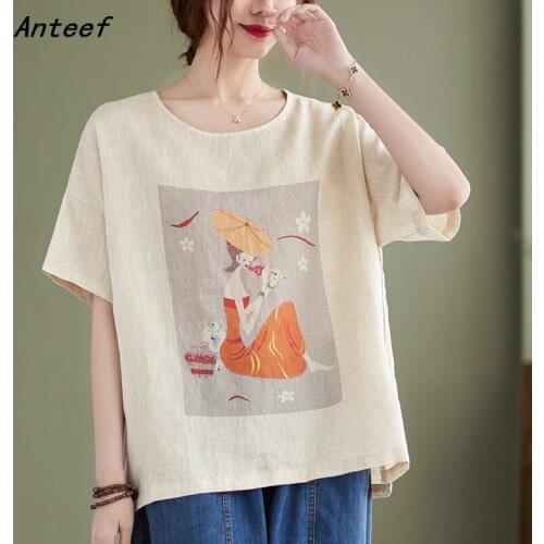 Anteef short sleeve cotton vintage casual loose summer tee t shirt women t-shirt ladies tshirt 2021 tops streetwear clothing