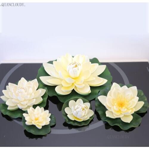 Beige Artificial fake Simulation Lotus Leaves flowers Heads Water pond Garden home Lily Floating Fish Tank Pond Wedding D24