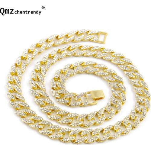 Hip Hop Miami Cuban Link Chain Necklace Full Iced Out Rhinestone Goldgen Finish Necklace Men Studded Cubra Chains Necklace