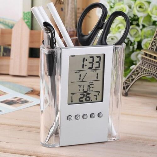 Digital Desk Pen Pencil Holder LCD Alarm Clock Thermometer & Calendar Display Home Decor