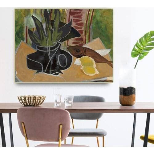 Citon Canvas Oil painting Georges Braque《Still life vase and fish》Artwork Picture Modern Wall decor Home Living room Decoration