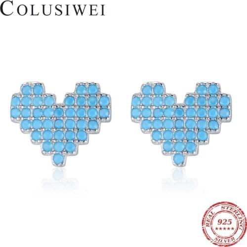 Colusiwei Top Quality 925 Sterling Silver Blue Crystal Romantic Heart Stud Earrings for Women Small Ear Pin Fine Jewelry Bijoux