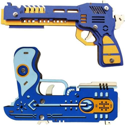 Wooden 3D Puzzle Gun Weapon Model Kit Toy Machine Transmission DIY Rubber Band Shooter Pistol Gun with Bullets Toy for Teens Boy