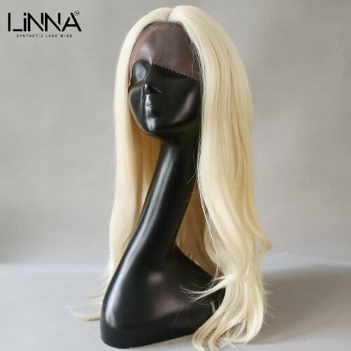 LINNA Long Straight Blonde Synthetic Lace Front Wig Temperature Fiber Side Part Wig For Women 16 Inch Daily Party Lace Wigs