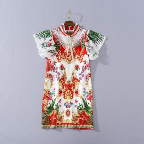 European and American womens clothing 2020 autumn new style Bow lace collar with lotus sleeves Retro floral print dresses