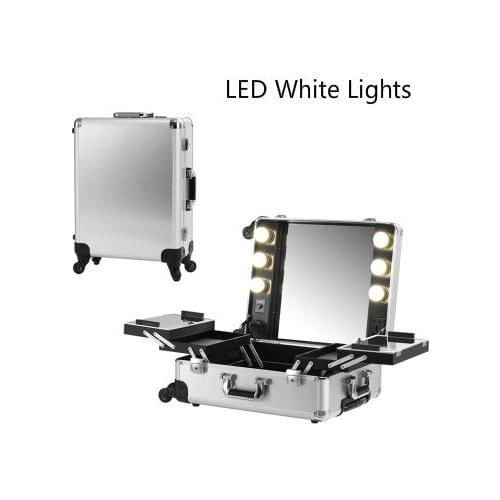Silver LED White Light Makeup Artist Train Box Aluminum Rolling Cosmetic Case Makeup LED Lighting Studio