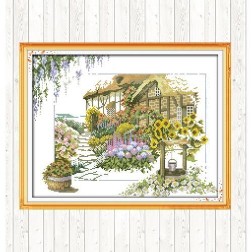 Flowers villa landscape Paintings Counted Printed On Canvas 14CT 11CT aida fabric DMC handmade Embroider kits DIY Needlework Set