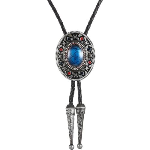 KDG Western Cowboy Zinc Alloy Point Oil Grain Flower Necktie Pendant Necklace Western Cowboy Necklace Genuine Leather Cord