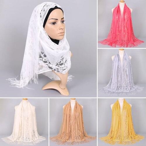Lace Flower Scarf Woman Bride Party Dress Shawl Solid Muslim Hijab Spring Summer Thin Tassel Turban Lady Fashion Accessories