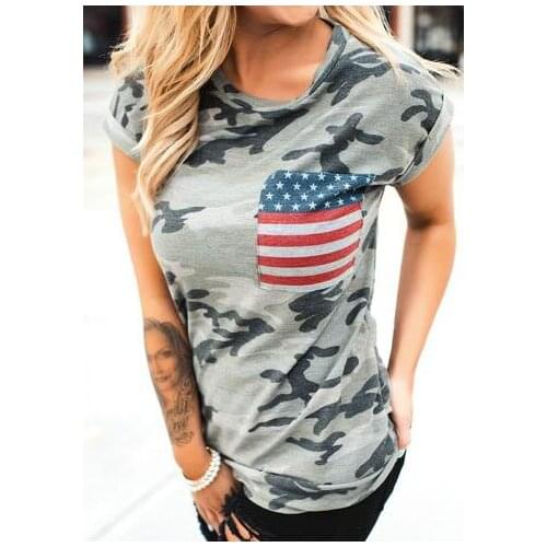 Summer Short Sleeve American Flag Pocket T-Shirt Casual Female Ladies Tops Tee Plus Size Women Camouflage Printed T Shirt