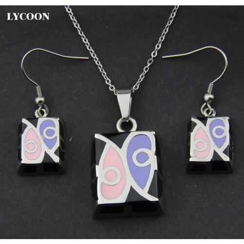 LYCOON newest stainless steel square shape with pink purple resin pendant necklace enamel earrings jewelry set for women LYS006