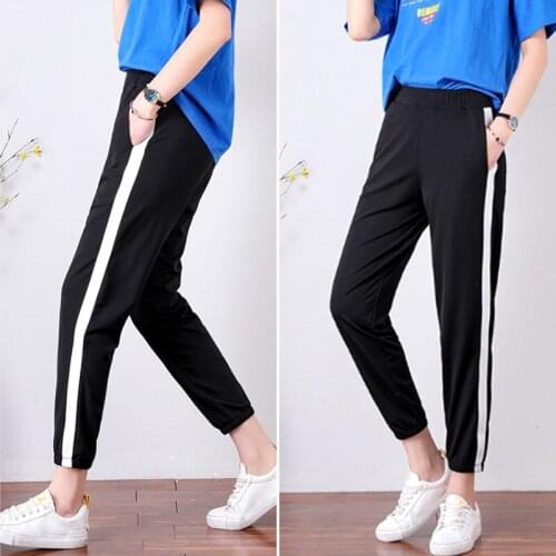 Fashion Hot Summer Women Girl Plus Size Casual Loose White Stripe Track Pants Trousers Ladies Skinny Slim Leg Stretch Sweatpants