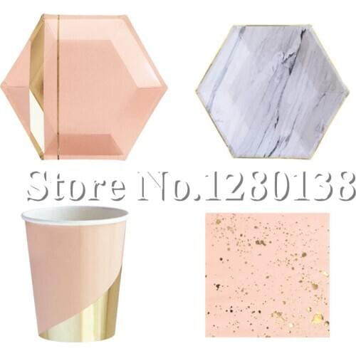 Marble&Gold Foil Hexagon Party Paper Plates Paper Cups Confetti Party Napkins Dinner Dessert Tableware for Wedding Baby Shower