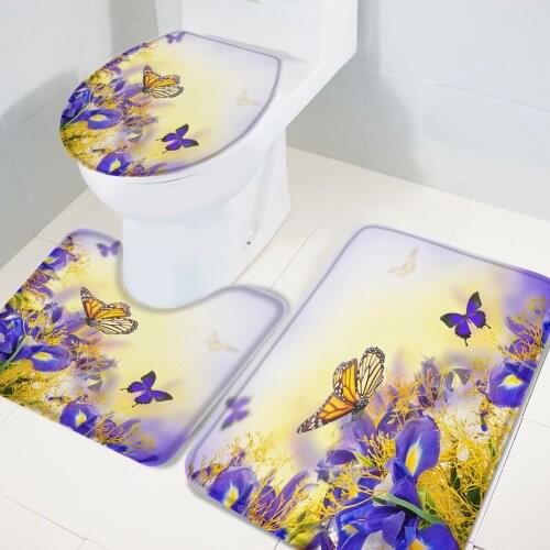 Blue Iris Flower Butterfly Bath Mat Set Toilet Seat Cover Rug Anti-Slip Bathroom Rugs and Mat Set Doormats Decor