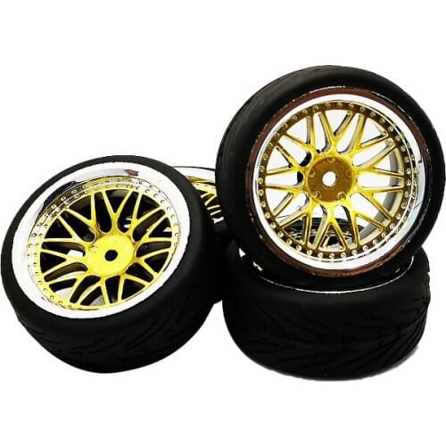 4pcs 1/10 Rubber Tire Wheel Set Model Rim 12mm BBCG + PP133 Fit 1:10 RC On Road Car