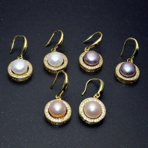 New Fashion Roudn Shape Hook Dangle Earrings Natural Freshwater Pearl Rhinestone Crystal Setting Gold Plating Women Jewelry