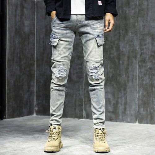 New Skinny Biker Jeans Men Multi-pocket Cargo Pants Vintage Wash Punk Patchwork Frayed Little Feet Male Branded Denim Trousers