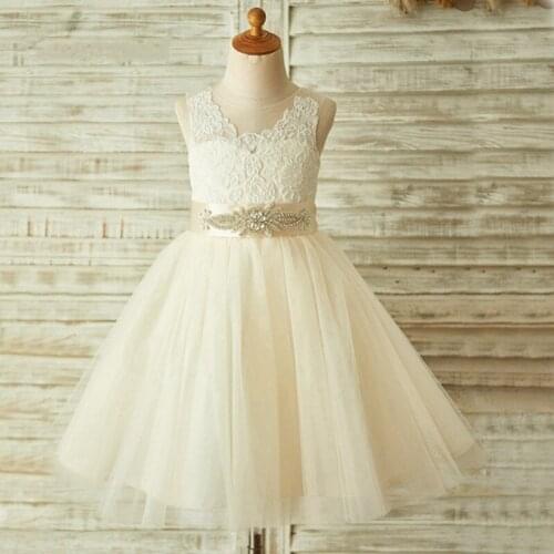 Customized Flower Girls Dresses Knee Length Tulle Sash Children Birthday Gown Kids Clothes Little Princess Dress PhotoShoot