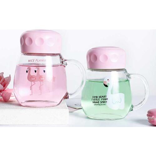 Portable Cartoon Flamingo Glass Water Bottle Leakproof Milk Juice Tea Drink Bottle With Handle&Lid Travel Office Drinking Glass