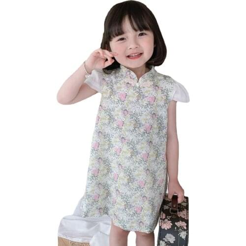 Chic Crane Print Chinese Modern Qipao Dress 2021 Cute Childrens Clothing Summer Casual Party Dresses Baby Girl Cheongsam Spring