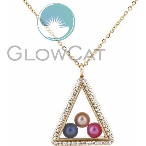 Rhinestone Glass Triangle Pendant Necklace Gold Color Locket Pearl Cage Pendant 50cm Steel Chain Necklace
